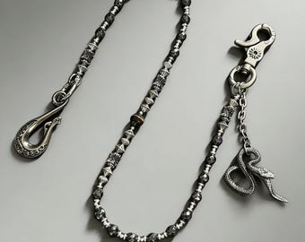 Cadena para pantalones con gancho y dije de serpiente plateada con cuentas negras, cadena gótica para cartera, accesorio para jeans punk