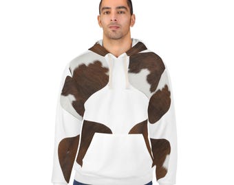 Rindsleder Flecken Hoodie | Braun Weißer Kuh Print Pullover