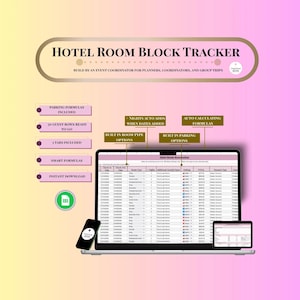 May include: A digital Hotel Room Block Tracker displayed on a laptop, tablet, and smartphone. The tracker includes features like parking formulas, 50 guest rows, and instant download. Text on the image reads "Hotel Room Block Tracker".