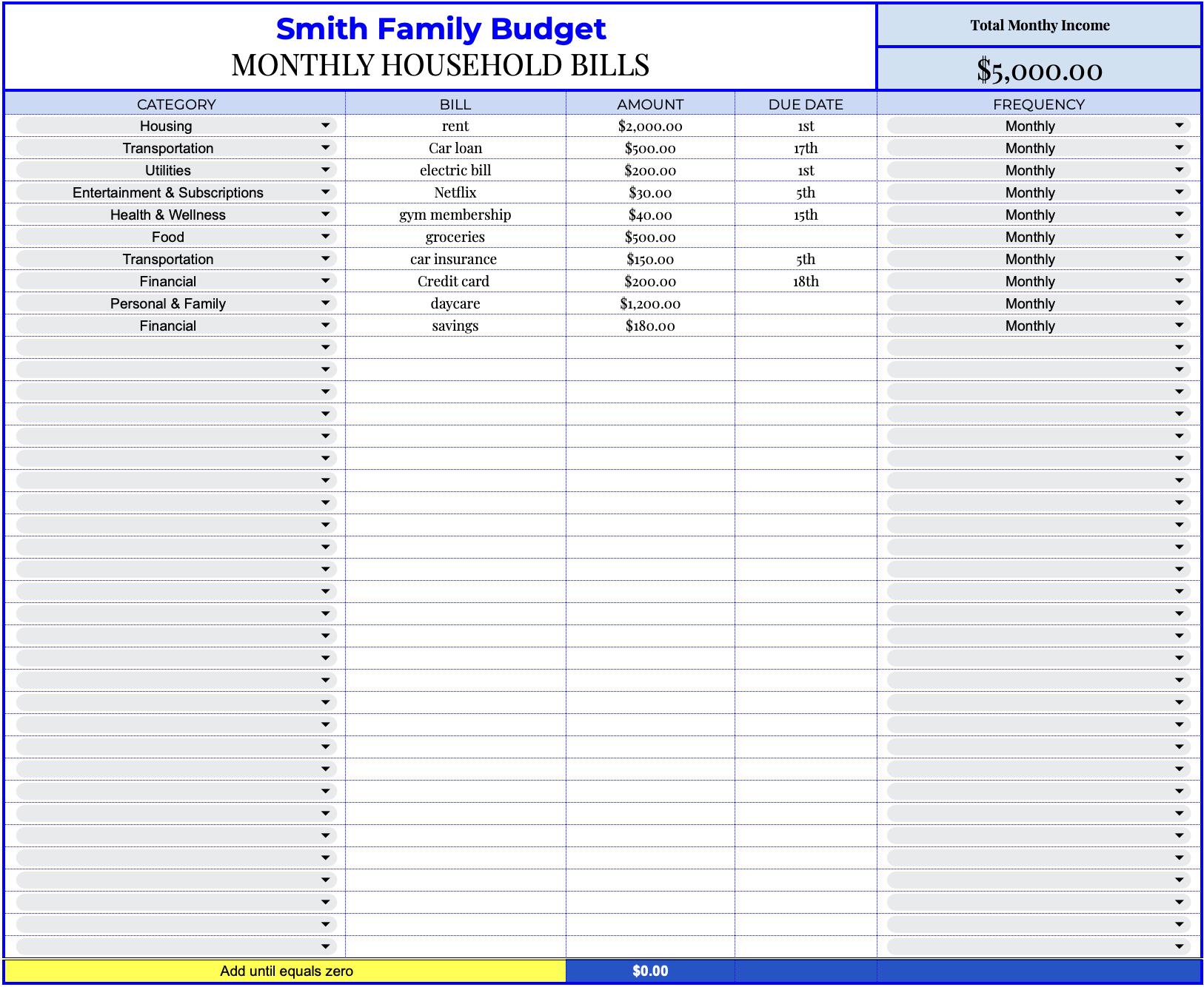 Family Bill Tracker | Budget Spreadsheet Google Sheets | Zero Based ...
