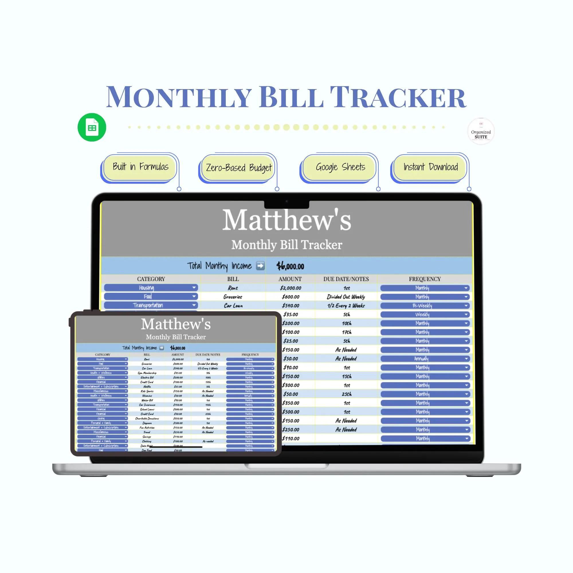 Monthly Bill Tracker | Budget Spreadsheet Google Sheets | Zero Based ...