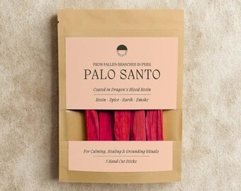 May include: A tan pouch containing five red Palo Santo sticks coated in Dragon's Blood resin. The label reads: FROM FALLEN BRANCHES IN PERU PALO SANTO Coated in Dragon's Blood Resin Resin - Spice - Earth - Smoke For Calming, Healing & Grounding Rituals 5 Hand Cut Sticks.