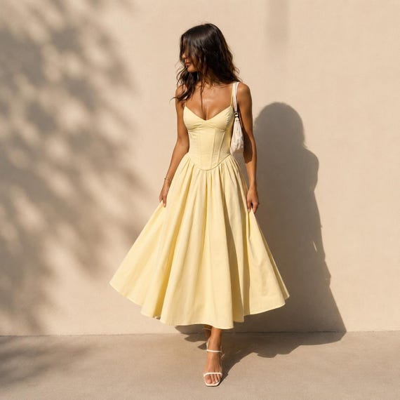yellow midi corset dress Lemon Cotton Dress, Sweetheart Neckline, Lace-Up Back, Summer Bridal Shower Wear Size:7YR glamourous wall art Navy Blue Tea Length Fashion nova This yellow midi dress