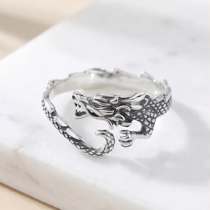 Sterling Silver Chinese Dragon Ring – Adjustable Gothic Fantasy Statement Jewelry