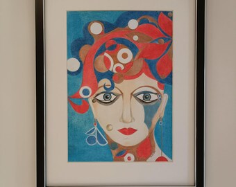 Surreal Female Portrait Drawing – Blue Red Face Art, Original Framed A4 Artwork