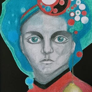 May include: A portrait of a person with a pale complexion, teal eyes, and a red top. The person wears a blue head covering with a circular design and a yellow lemon-shaped object hanging from the head covering. The background is black.
