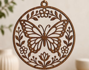 Natuur lasergesneden SVG-bundel, vogel vlinder bloemen dxf, tuin muurkunst CNC-bestand, ronde deurhanger SVG