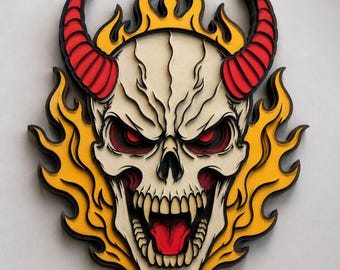 Hellevuur Demonenschedel SVG | Lasergesneden schedelbestand | Gotische Halloween SVG | Horror schedelontwerp