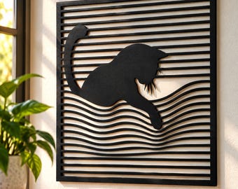 Illusie kat lasergesneden wanddecoratie – Unieke 3D kattensilhouet decoratie voor thuis, houten cadeau voor kattenliefhebbers – Perfect cadeau voor kattenmoeder.