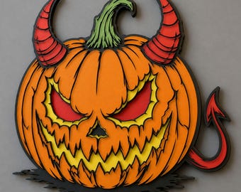 Duivelpompoen met meerdere lagen SVG | Halloween lasersnijbestand | Jack-o'-lantern wanddecoratie | Spooky pompoenontwerp | Direct downloaden