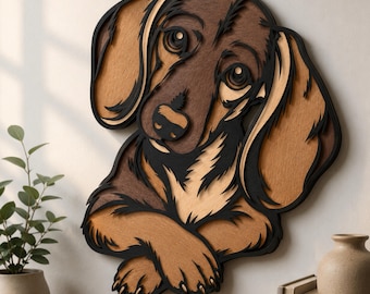 May include: A multi-layered wooden wall art piece depicting a dachshund dog. The design features stacked layers of wood in shades of light tan, medium brown, dark brown, and black, creating a dimensional portrait of a dog with crossed paws.