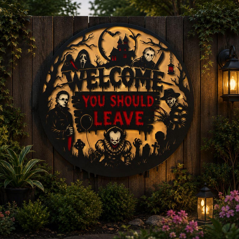 May include: A circular black wall sign featuring horror movie characters and a haunted house silhouette. The text reads WELCOME YOU SHOULD LEAVE in bold lettering. The design includes a glowing background, silhouettes of trees, and graves.
