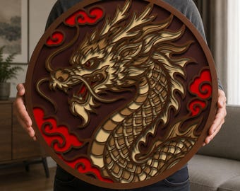Lasergesneden Chinese draak | 3D gelaagde draak SVG | Ronde houten wanddecoratie