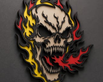 Vlammende schedel lasergesneden SVG | Gelaagde vuurschedel muurdecoratie | Halloween gotisch CNC-bestand