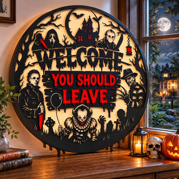 Horror Halloween SVG | Welcome Sign Laser Cut File | Spooky Door Hanger | Round Halloween Decor