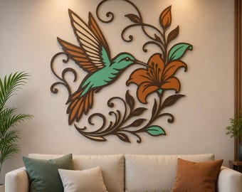 Kolibrie meerlaagse lasergesneden SVG, vogel kunst aan de muur SVG, bloemen kolibrie SVG, natuur lasergesneden bestand