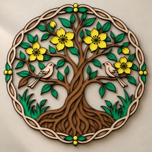 May include: A circular wooden wall art piece featuring a layered tree design with brown branches and roots, vibrant green leaves, and bright yellow flowers. Two light-coloured birds are perched on the branches, all enclosed in a braided border.