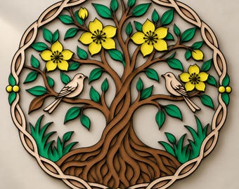 Lasergesneden levensboom-sjabloon met meerdere lagen, 3D-ontwerp met gelaagde bloemen, rond houten wanddecoratiepatroon, doe-het-zelf knutselsjabloon, digitale download