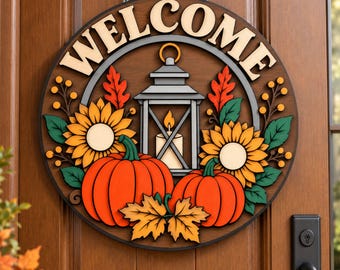 Herfst Welkom Deurhanger SVG | Pompoen Zonnebloem Lantaarnbord | Gelaagd Herfst Lasergesneden Bestand | Ronde Voordeurdecoratie voor Glowforge