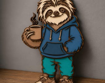 Luiaard met koffie SVG | Luiaard lasersnijbestand | Luiaard koffie ontwerp | Lasergraveerbestand | DXF AI pdf | Cricut Glowforge snijbestand