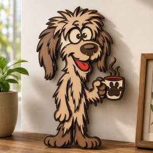 May include: A layered wooden wall art piece depicting a cartoon dog with shaggy tan and brown fur, holding a white mug with a dark brown paw print design and red rim. The dog has large eyes, a wide smile, and a red tongue, with steam rising from the mug.