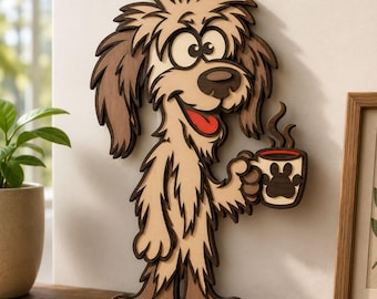 May include: A layered wooden wall art piece depicting a cartoon dog with shaggy tan and brown fur, holding a white mug with a dark brown paw print design and red rim. The dog has large eyes, a wide smile, and a red tongue, with steam rising from the mug.