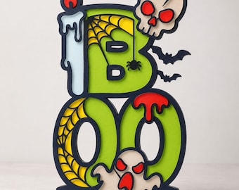 Halloween BOO-bord SVG | Gelaagd lasersnijbestand | Deurhanger met skelet en spook | Spookachtig houten bord voor Glowforge | Digitale download