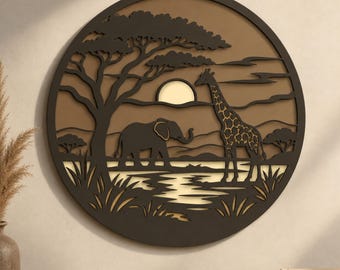 Meerlaags Safari Lasersnijbestand | Afrikaans Dieren SVG | Muurdecoratie met Wilde Dieren | Ronde Safari Decoratie