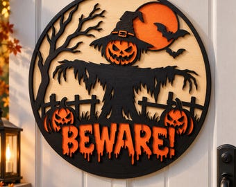 Pas op voor Halloween SVG | Vogelverschrikker deurhanger | Pompoen lasersnijbestand | Spookachtig houten bord | Halloween decoratie