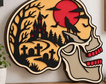 3D Layered Skull SVG, Haunted House Laser Cut File, Gothic Halloween Wall Art, Multilayer Graveyard Decor, Glowforge xTool Digital Download