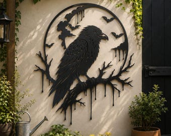 Raven met Maan SVG | Gotische Kraai Muurdecoratie | Halloween Lasersnijbestand | Raven Silhouet Metalen Decoratie | CNC DXF Ontwerp