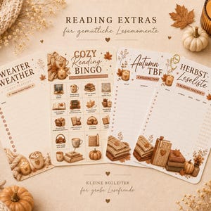 May include: Three rectangular paper sheets featuring autumn-themed illustrations and text. The designs include a Sweater Weather playlist, a Cozy Reading Bingo grid, and two reading trackers titled Autumn TBR and Herbst-Leseliste with fall motifs.