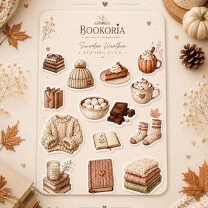 May include: A sticker sheet titled Sweater Weather Reading Club featuring illustrations of a knit beanie, a sweater, books, a candle, mugs of hot cocoa, a slice of pie, chocolate bars, a bowl of marshmallows, socks, and folded blankets in warm tones.