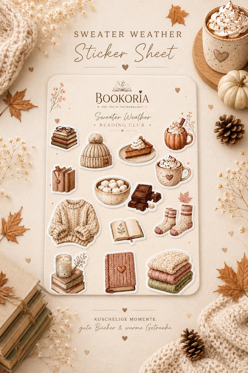 May include: A sticker sheet titled Sweater Weather Reading Club featuring illustrations of a knit beanie, a sweater, books, a candle, mugs of hot cocoa, a slice of pie, chocolate bars, a bowl of marshmallows, socks, and folded blankets in warm tones.