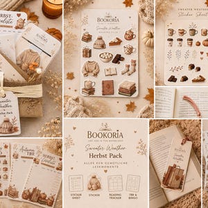 May include: A stationery set titled Sweater Weather Herbst Pack featuring a sticker sheet, reading trackers, and bookmarks with illustrations of cozy sweaters, warm beverages, pumpkins, and autumn leaves in a warm, neutral color palette.