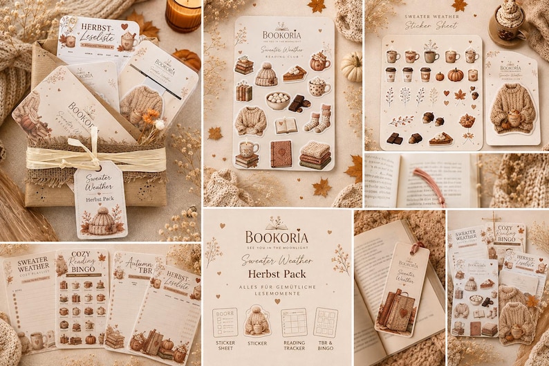 May include: A stationery set titled Sweater Weather Herbst Pack featuring a sticker sheet, reading trackers, and bookmarks with illustrations of cozy sweaters, warm beverages, pumpkins, and autumn leaves in a warm, neutral color palette.