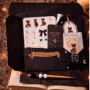 May include: A black stationery folder containing a sheet of cat and moon stickers, a Moon Mail Society tag with a white tassel, a small envelope with a cat illustration, and a gold-toned pen. The folder features a banner with the text See you in the moonlight.