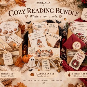 Könnte beinhalten: Ein Bookoria Cozy Reading Bundle mit drei Sets: Herbst Set, Halloween Set und Christmas Set. Jedes Set enthält thematische Schreibwaren, Karten und Anhänger in Kraftpapier-Umschlägen, verziert mit saisonalen Motiven wie Kürbissen und Kränzen.