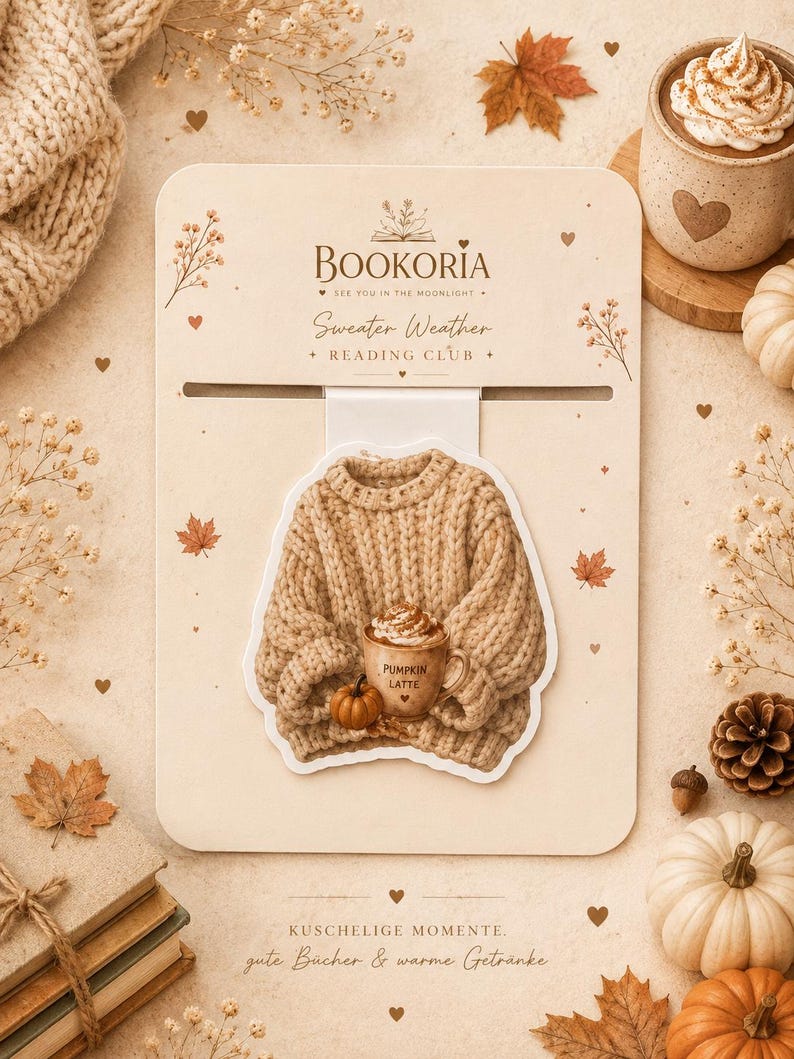 May include: A beige sweater-shaped sticker on a rectangular backing card. The sticker features a chunky knit sweater holding a mug labeled Pumpkin Latte and a small pumpkin. The card displays the text Bookoria Sweater Weather Reading Club.