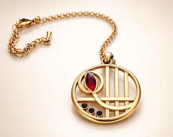 Collar estilo Art Nouveau Mackintosh, collar con colgante dorado y cristal rojo, regalo de joyería vintage geométrica