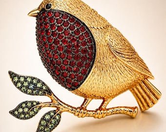 Broche colgante de pájaro petirrojo dorado con cristales Swarovski rojos, broche de pájaro de estilo vintage, regalo de joyería inspirada en la naturaleza