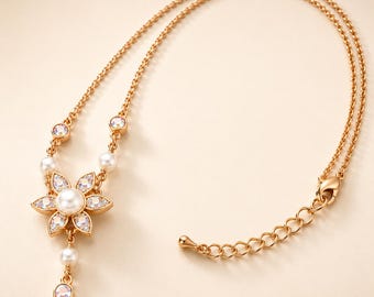 Collar en Y con perlas doradas, collar largo de cristal para novia, collar colgante floral, regalo de joyería romántica para bodas