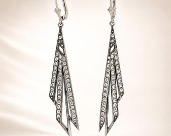 Pendientes colgantes de cristal de plata de ley vintage, pendientes geométricos colgantes, plata británica contrastada, regalo elegante para ella.