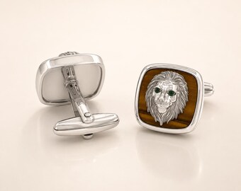 Gemelos de plata de ley con cabeza de león, joyería para hombre con ojo de tigre y esmeralda, gemelos de diseño exclusivos.