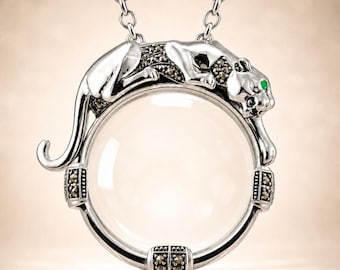 Colgante de plata de ley con forma de pantera y lupa, collar estilo art déco con marcasita y esmeralda, regalo de joyería llamativa