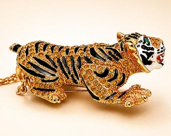 Broche colgante de tigre dorado con cristal y esmalte, broche de animal, regalo de joyería de tigre de estilo vintage