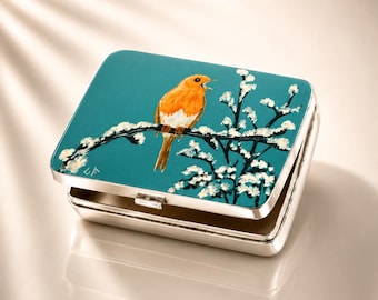 Caja para pastillas de esmalte con diseño de petirrojo pintado a mano, joyero de plata esterlina, recuerdo de aves invernales, regalo coleccionable