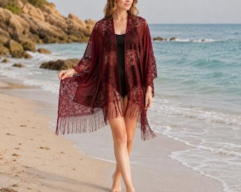Châle kimono en dentelle pour femme, couverture de plage à franges, châle bohème ouvert sur le devant (polyester)