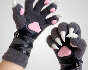 Plush Anime Paw Gloves, Kigurumi Beast Paw Gloves with Paw Pads– Customizable Nail Colors | Gray Claw Gloves