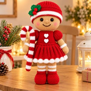 May include: A knitted gingerbread doll with a tan face, black eyes, and pink cheeks. It wears a red hat with a white trim and holly leaves, a red dress with two white heart buttons, and red shoes. It holds a red and white striped candy cane.